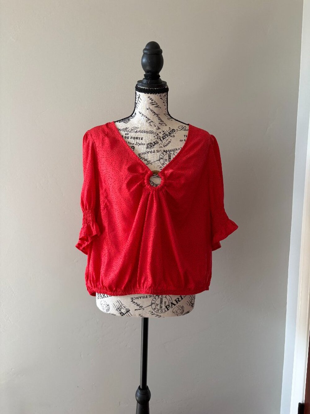 Express Red Black Polka Dot Ring Detail Puff Sleeve Blouse XL